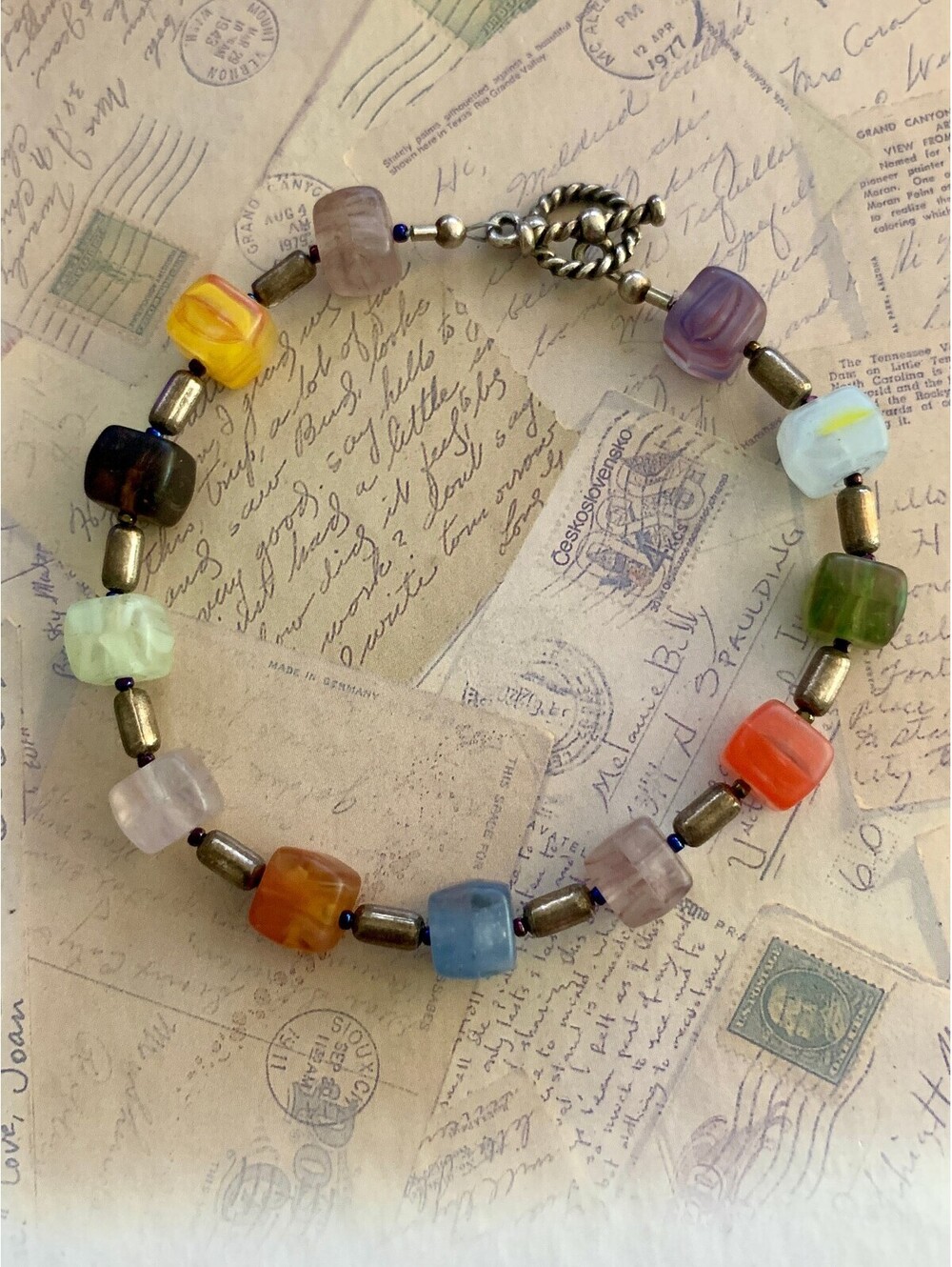 Vintage Genuine Bohemian Colorful Glass Bead Bracelet Toggle Clasp Unique Charm